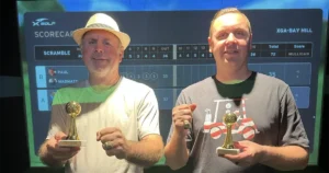 Two men smiling standing in front of a golfing simulator in X-Golf Rockwall, the best indoor golf entertainment event venue space. They are wearing the league rings, trophies in hand, a dedictaion to their victories. Displaying their triumphs as golfing men, and honor to the love of the sport.