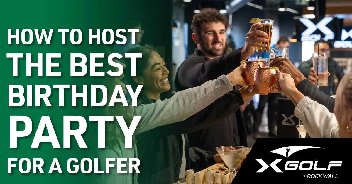 A group of friends smiling and toasting with drinks at X-Golf Rockwall during a golf-themed birthday party, illustrating how to host the best birthday party for a golfer and offering ideas for what to get a golfer for his birthday