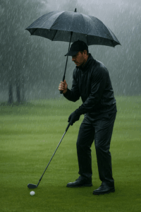 man playing in the rain with an umbrella and golf ball probably wondering if you can play golf in the rain based on his glum expression