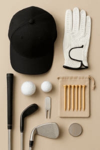 many important indoor golf accessories including clubs, balls, hats, and glove 