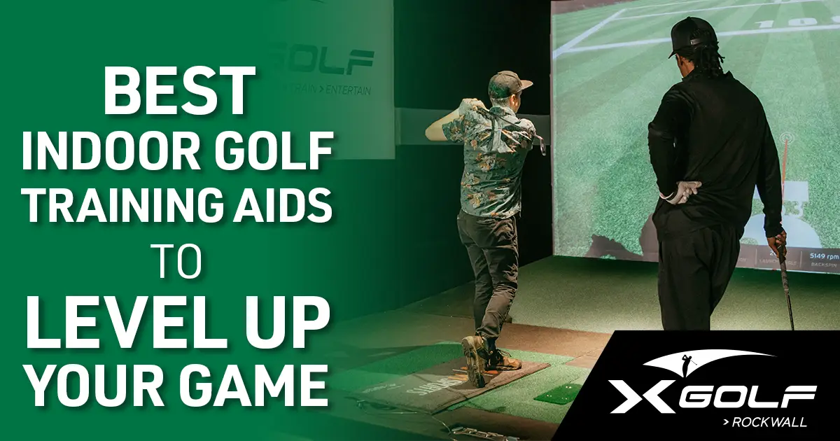 Best indoor golf training aids to level up your game with man playing indoor golf on golfing simulator at X-Golf Rockwall