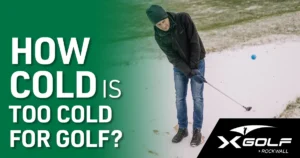 Golfer dressed for winter hitting a shot on a snowy course with the text “How Cold Is Too Cold for Golf?” and the X-Golf Rockwall logo.