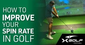 Golfer preparing to hit a ball inside an X-Golf simulator bay with the text “How to Improve Your Spin Rate in Golf” and the X-Golf Rockwall logo.