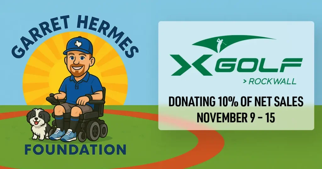 Cartoon illustration promoting X-Golf Rockwall’s fundraiser for the Garret Hermes Foundation, showing Garret Hermes smiling in a wheelchair beside his dog with the X-Golf logo and text reading “Donating 10% of net sales November 9–15.”