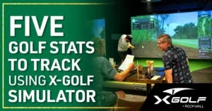 Five Golf Stats to Track Using X-Golf Simulator. Friends review performance data at an indoor simulator bay.