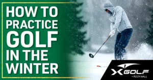 How to Practice Golf in the Winter. Golfer hits a shot outdoors while surrounded by falling snow.