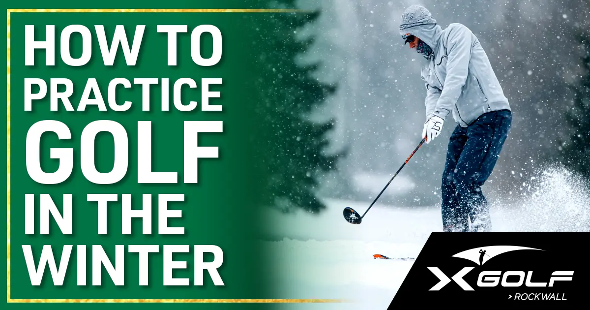 How to Practice Golf in the Winter. Golfer hits a shot outdoors while surrounded by falling snow.