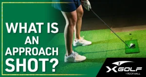 What Is an Approach Shot? Golfer addresses ball with wedge on simulator turf.