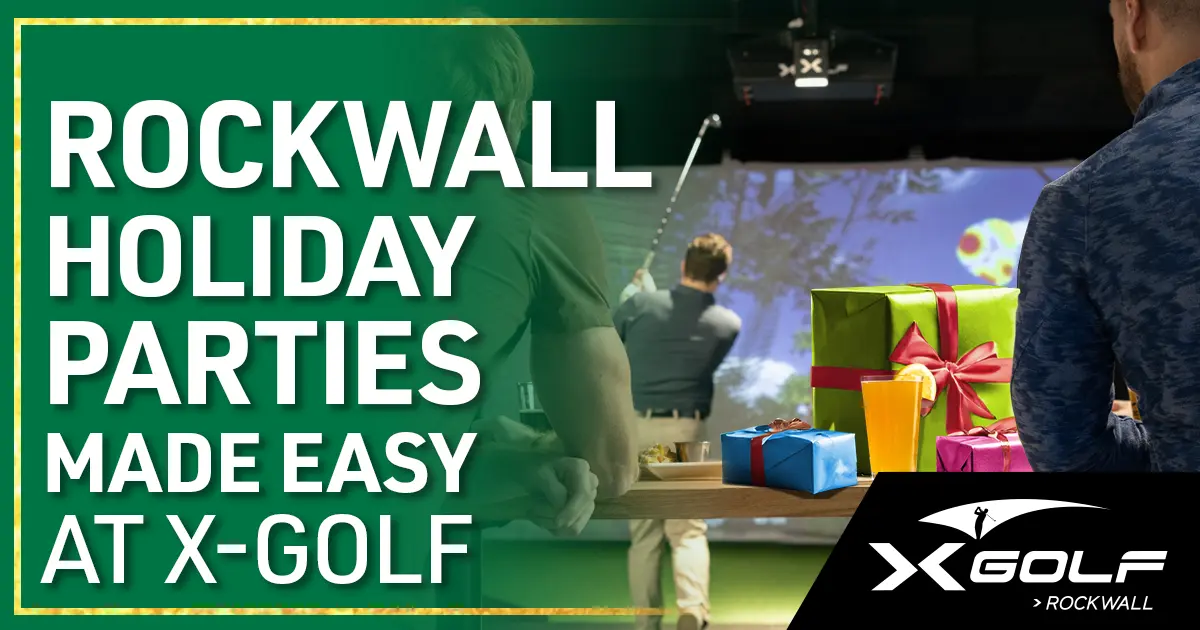 Rockwall Holiday Parties Made Easy at X-Golf. Guests playing golf simulator with holiday gifts and food. X-Golf Rockwall.