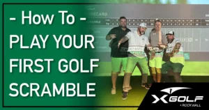 How To Play Your First Golf Scramble. Four-person team celebrating by scorecard at X-Golf Rockwall.