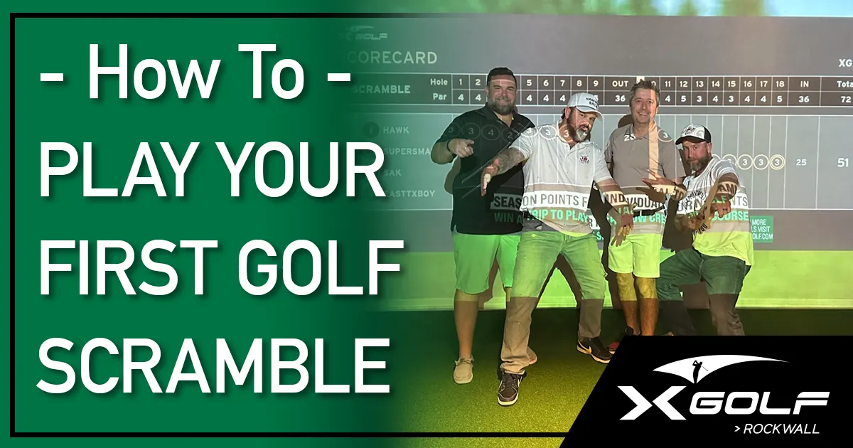 How To Play Your First Golf Scramble. Four-person team celebrating by scorecard at X-Golf Rockwall.