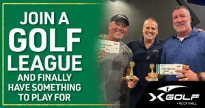 Three league winners display trophies and prize checks after competition at X-Golf Rockwall