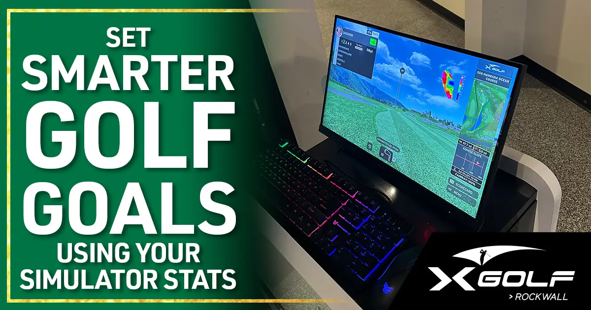 X-Golf Rockwall simulator workstation showing real-time shot data and course graphics on curved monitor