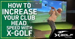Golfer mid-swing inside an X-Golf Rockwall simulator bay with club head speed data displayed on screen