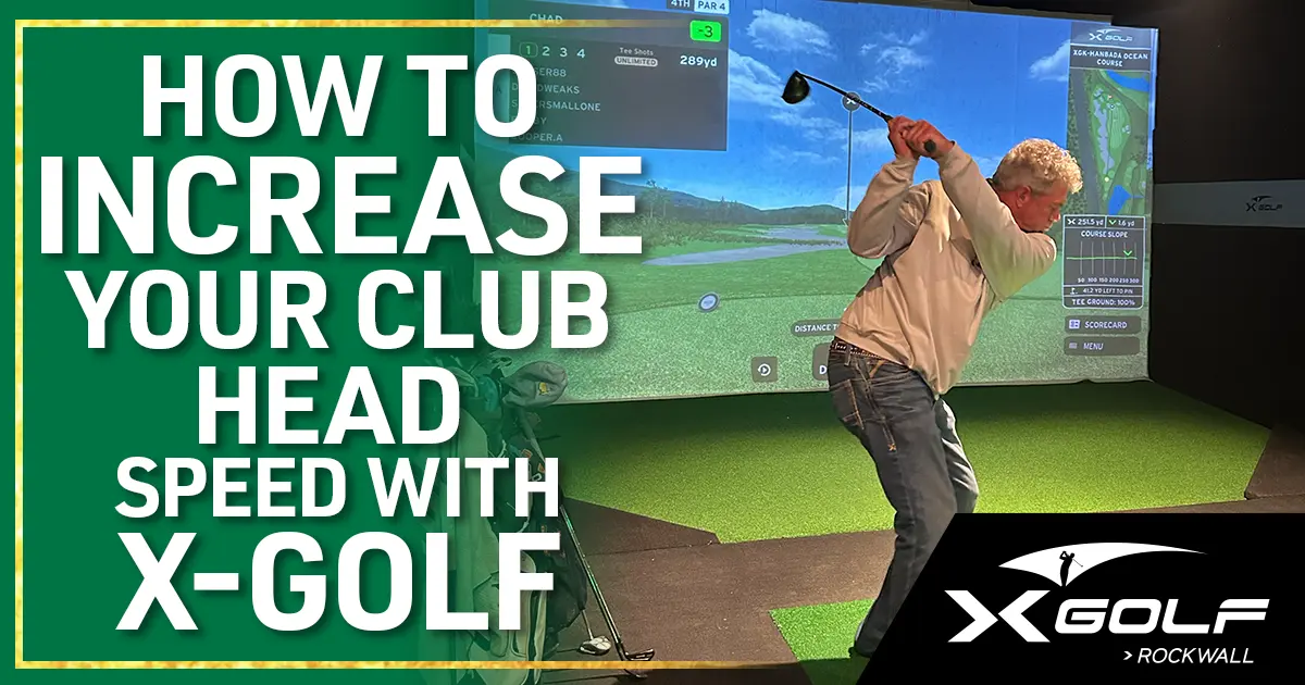 Golfer mid-swing inside an X-Golf Rockwall simulator bay with club head speed data displayed on screen