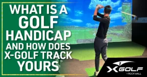 Golfer checking handicap stats on a simulator screen at X-Golf Rockwall indoor golf facility