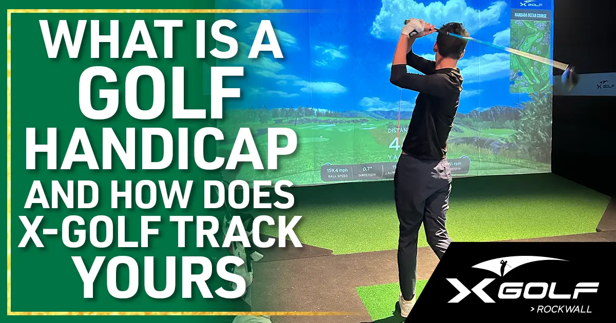 Golfer checking handicap stats on a simulator screen at X-Golf Rockwall indoor golf facility