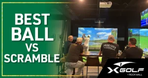 Group of golfers discussing best ball vs scramble format at X-Golf Rockwall simulator bay in Rockwall, TX