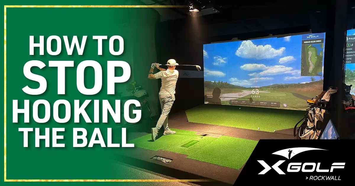 Golfer practicing indoor drills to fix a hook using simulator swing path data at X-Golf Rockwall in Rockwall, TX