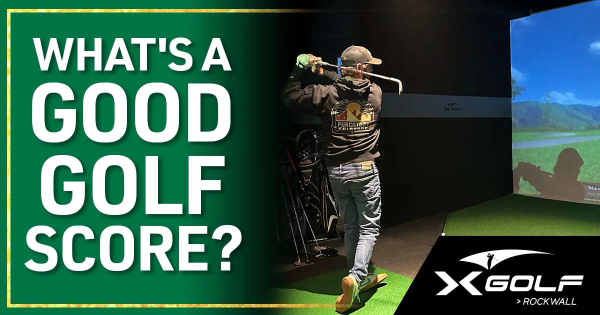 Golfer checking score on simulator screen at X-Golf Rockwall