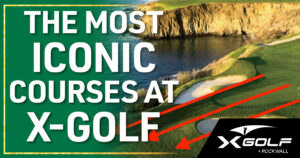 Aerial view of a scenic coastal golf course with dramatic cliffs, ocean water, lush green fairways, and sand bunkers, with red diagonal arrows overlaid; text reads 'The Most Iconic Courses at X-Golf' with the X Golf Rockwall logo