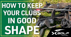 Pile of dirty, mud-covered golf clubs and a worn golf bag lying on grass; text reads 'How To Keep Your Clubs In Good Shape' with the X Golf Rockwall logo
