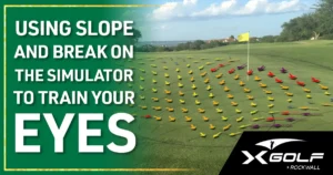 Aerial view of a golf green with colorful arrows in yellow, orange, red, and purple arranged across the grass to show putting slope and break directions, with a flag in the hole and trees in the background; text overlay reads "Using Slope and Break on the Simulator to Train Your Eyes" with XGolf Rockwall logo