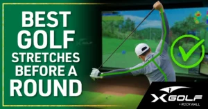 Golfer standing in an indoor golf simulator bay with his club held perpendicular in the air to his head stretching his shoulders with a green overlay outlining his upper body and arms. Caption reads "Best Golf Stretches Before a Round. X-Golf Rockwall"