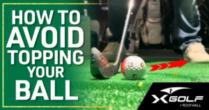 Golf club iron face behind ball on green mat, red arrows show ball path, X-Golf Rockwall logo; caption reads "How to Avoid Topping Your Ball"