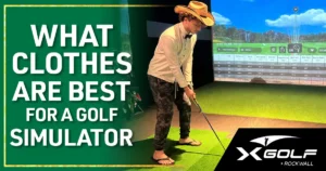 Man in a cowboy hat, bow tie, white shirt, camo pants, and flip flops about to swing a golf club at an indoor sim screen showing shot stats and green hills; bold white text caption reads "WHAT CLOTHES ARE BEST FOR A GOLF SIMULATOR" over dark green background, X Golf Rockwall logo bottom right