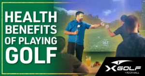 A group of friends laughing and fist-bumping around a golf simulator bay with drinks, one holding a club, with the title "Health Benefits of Playing Golf" and the X-Golf Rockwall logo