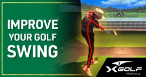 Golfer mid-swing in an X-Golf simulator bay with a red line overlaid on their spine and arms and shot data on screen, with the title "Improve Your Golf Swing" and the X-Golf Rockwall logo