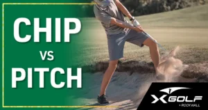 Golfer chipping a golf ball on the practice green at X-Golf Rockwall, comparing a chip shot to a pitch shot