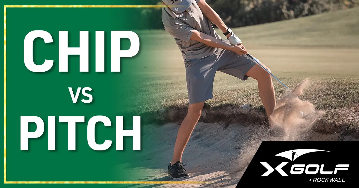 Golfer chipping a golf ball on the practice green at X-Golf Rockwall, comparing a chip shot to a pitch shot