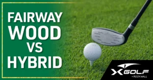 Golfer comparing a fairway wood and a hybrid club at X-Golf Rockwall's indoor golf simulator