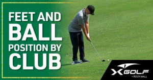 Golfer setting up proper foot and ball position for a golf stance at X-Golf Rockwall